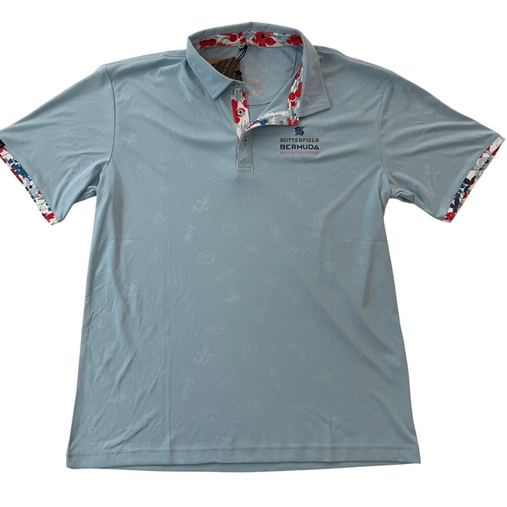 Swannies Golf Mens Large NWT Blue Haze Malachi Beach Print Polo Shirt Logo
